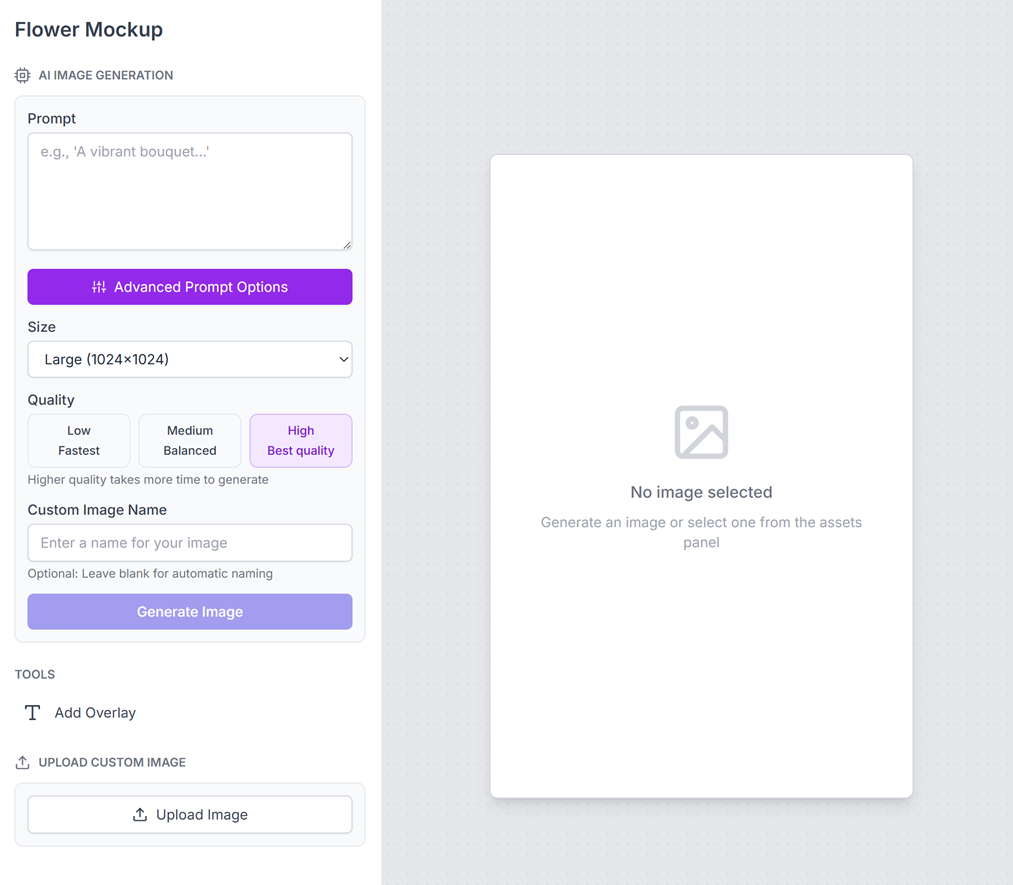 BloomVue application interface showing floral mockup generation
